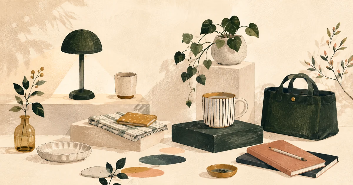 棚に並ぶランプや器、植物、ノートなどの暮らしの道具を描いたYORIMICHIのイラスト