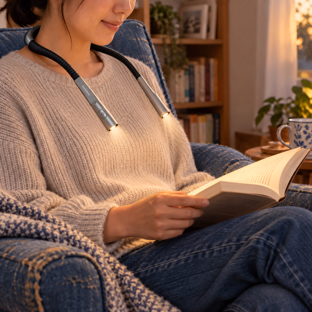 青い椅子で首掛けの読書灯を使い、開いた本を読む人