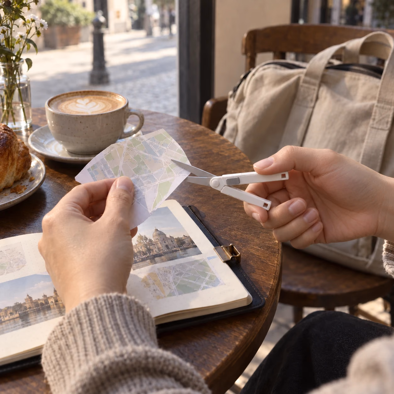 旅先の喫茶店で白いスライド収納式ハサミを使い、紙のパンフレットを小さな手帳に収まる形へ切る手元