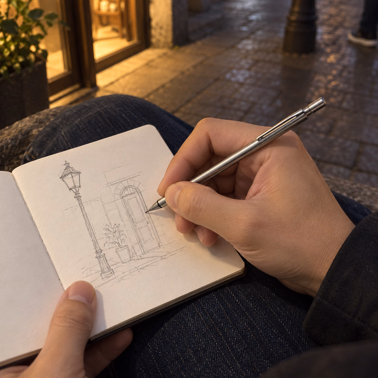 夜の明るい入口のそばで座り、細い銀のシャープで見つけた形を描く