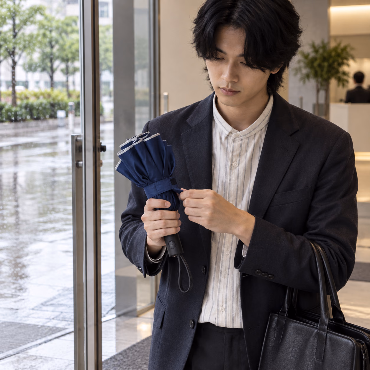 訪問先の入口で、紺の逆折り傘を畳んで留める