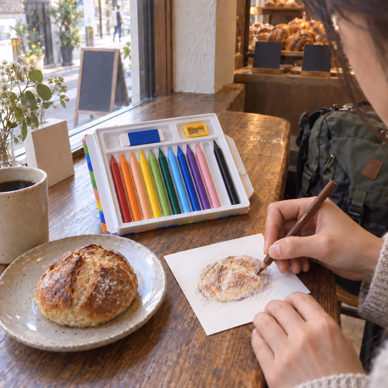 旅先のパン屋の席で、ソフトケースのクーピーを取り出し、パンの焼き色を描く手元