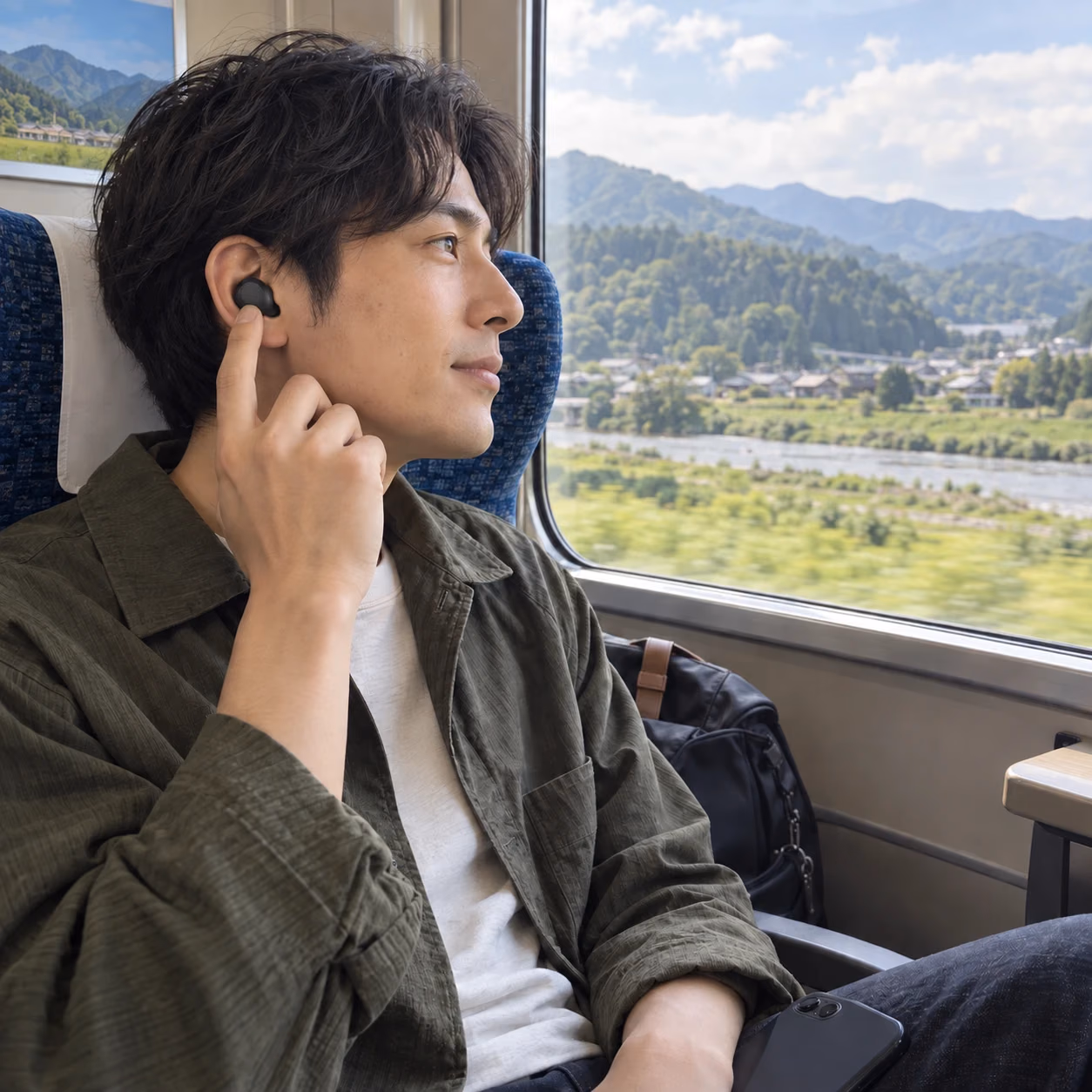 列車の窓際で、小さな黒い完全ワイヤレスイヤホンの丸いボタンを押して音楽を聴く人