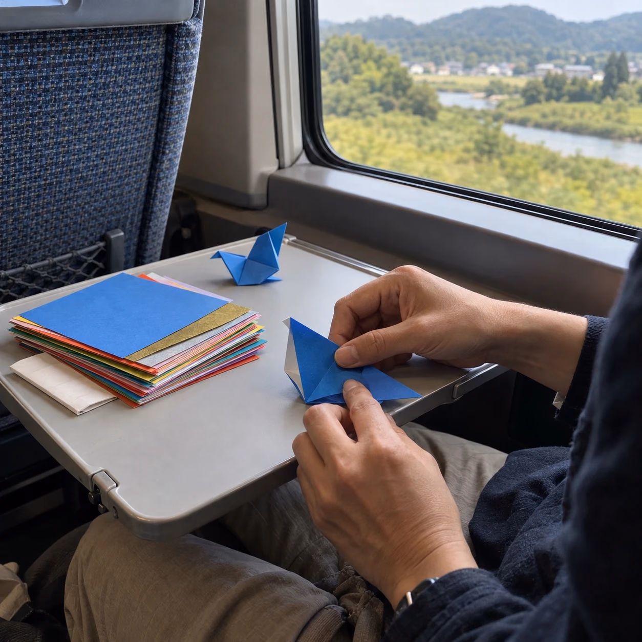 列車の窓辺で15センチの色紙を折り、小鳥を作る手元