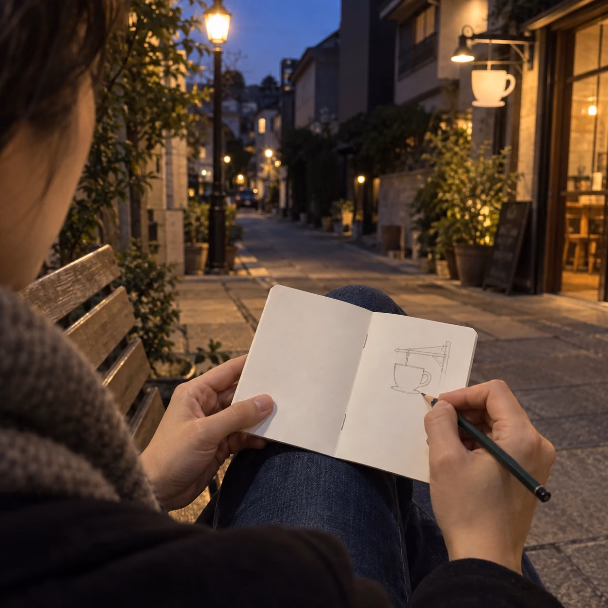 夜の街灯の下で、パスポートサイズの薄い画用紙リフィルに看板の輪郭を描く手元
