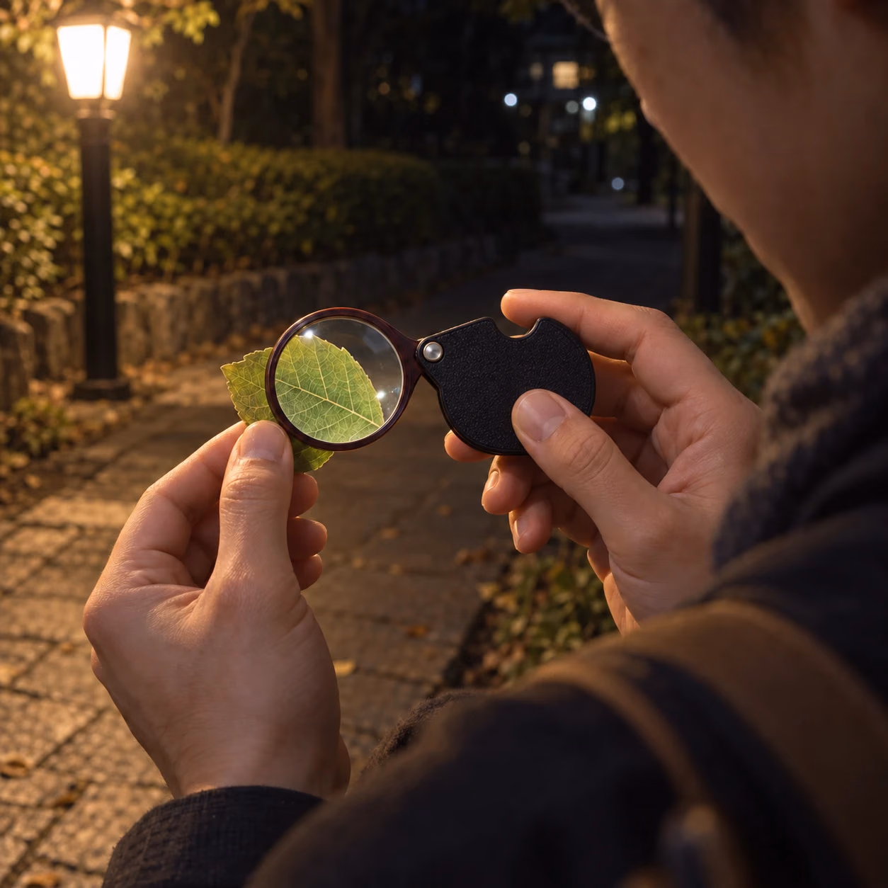 街灯のある夜道で立ち止まり、黒い収納ケースから開いた小型ルーペで葉脈を覗く手元